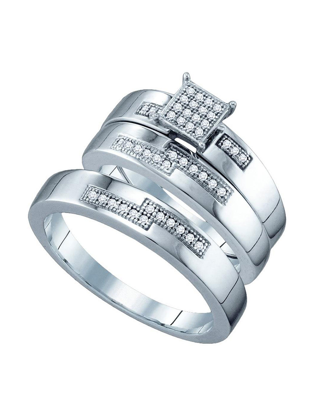 Solid 925 Sterling Silver His and Hers Round Diamond Square Matching ...