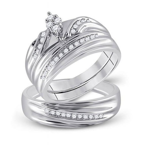Solid 925 Sterling Silver His and Hers Trio Three Rings Set Real Natural Diamond Cluster Matching Rings Wedding Band Set 3/8 Carat ( .38 Cttw ) - (L = 7.5, M = 12)