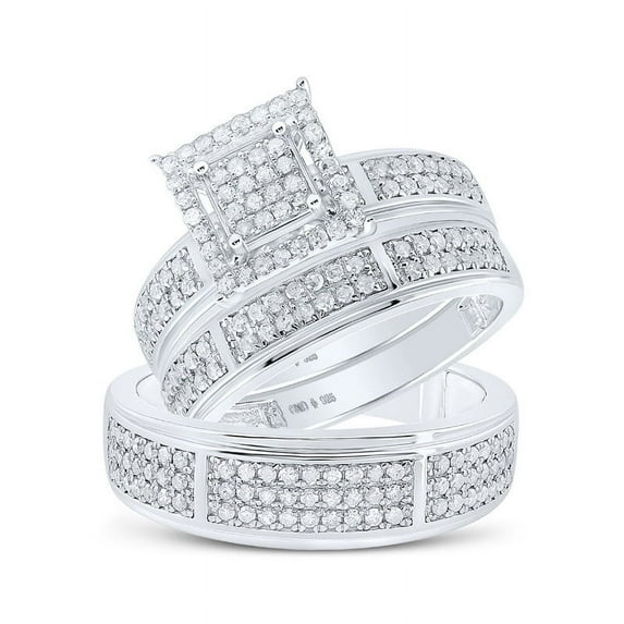 Solid 925 Sterling Silver His and Hers Trio Three Rings Set Real Natural Diamond Square Matching Rings Wedding Band Set 1 Carat ( .97 Cttw ) - (L = 8, M = 8)
