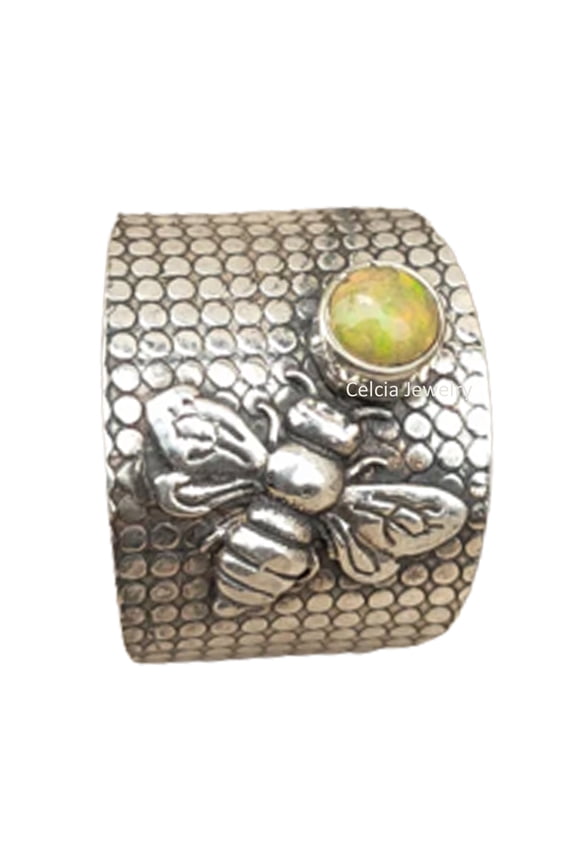 Solid 925 Sterling Silver Honey Bee Band Ring For Women Men, Genuine Opal Round Gemstone Unique Handcrafted October Birthstone Ring