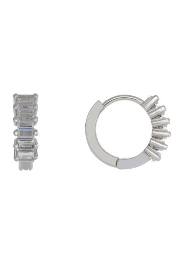 Solid 925 Sterling Silver Huggies Endless Earrings Hoops With Baguette shape Cubic Zirconia CZ Women/Men