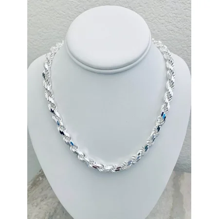 Solid 925 Sterling Silver Italian Rope Chain Mens Necklace 8mm - Diamond Cut