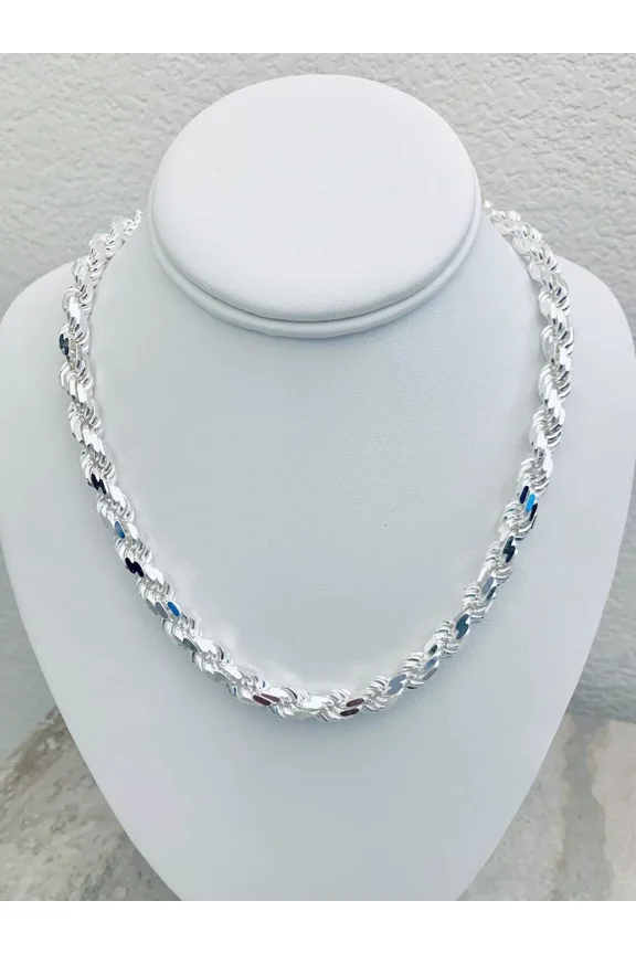 Solid 925 Sterling Silver Italian Rope Chain Mens Necklace 8mm - Diamond Cut