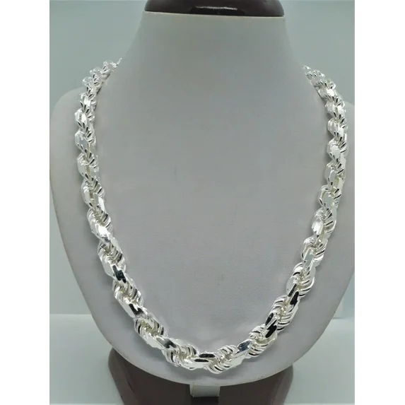 Solid 925 Sterling Silver Italian Rope Chain Mens Necklace 9mm - Diamond Cut