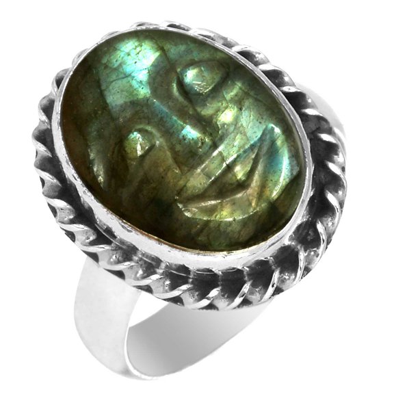 Solid 925 Sterling Silver Labradorite Face Collectible Ring