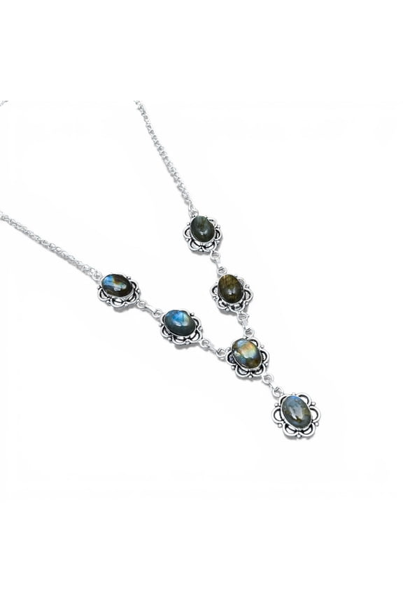 Solid 925 Sterling Silver Labradorite Necklace | Natural Labradorite Oval Floral Link Necklace | Blue Flash Labradorite Statement Jewelry for Women
