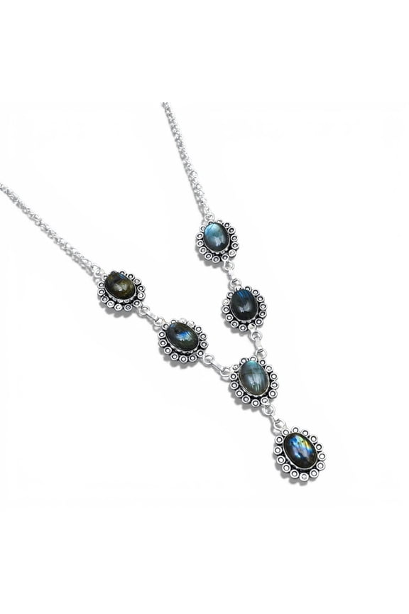 Solid 925 Sterling Silver Labradorite Necklace for Women | Handmade Oval Labradorite Link Necklace | Vintage Oxidized Silver Gemstone Jewelry