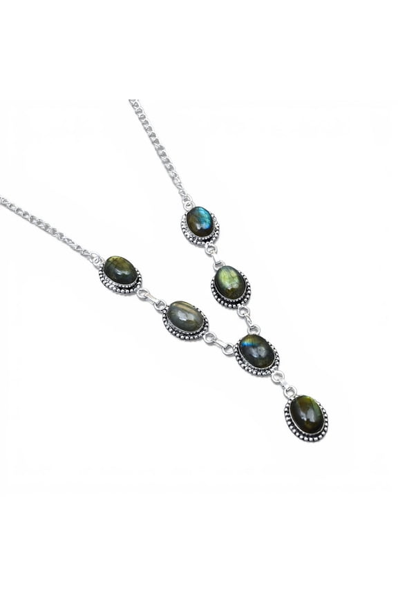 Solid 925 Sterling Silver Labradorite Oval Necklace | Natural Flashy Labradorite Gemstone Link Necklace | Adjustable Women Jewelry