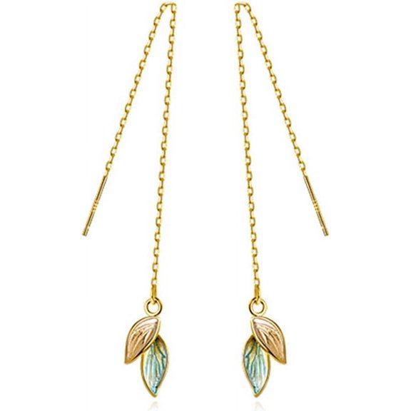 Solid 925 Sterling Silver Leaf Chain Dangle Earrings for Women Teens Leaf Dangle Drop Earrings Threader Tassel