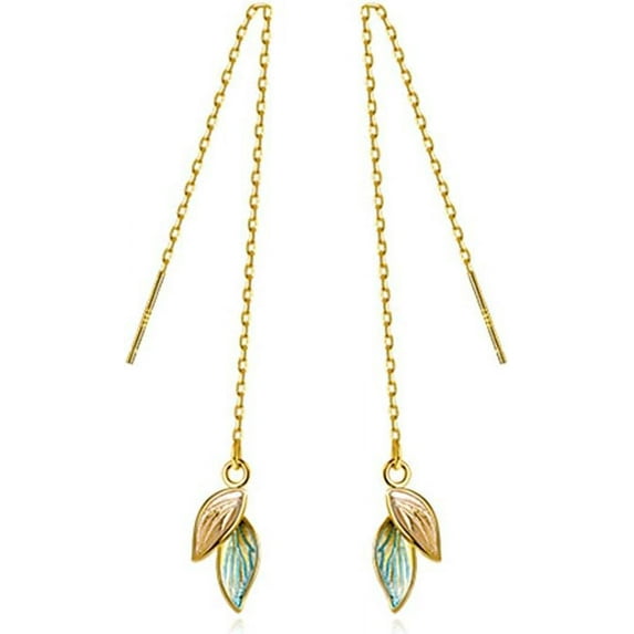 Solid 925 Sterling Silver Leaf Chain Dangle Earrings for Women Teens Leaf Dangle Drop Earrings Threader Tassel