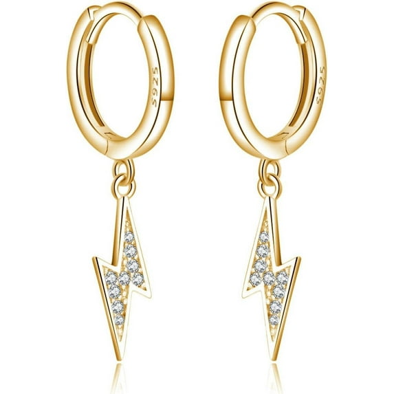 Solid 925 Sterling Silver Lightning Bolt Drop Hoop Earrings for Women Teens CZ Lightning Bolt Hoop Earrings Huggie