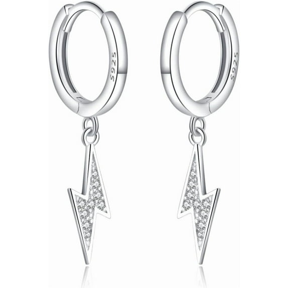 Solid 925 Sterling Silver Lightning Bolt Drop Hoop Earrings for Women Teens CZ Lightning Bolt Hoop Earrings Huggie