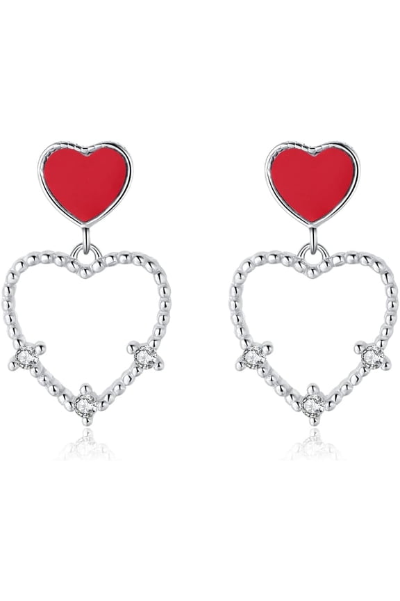 Solid 925 Sterling Silver Love Heart Drop Earrings for Women Teens Red Heart Drop Earrings Studs