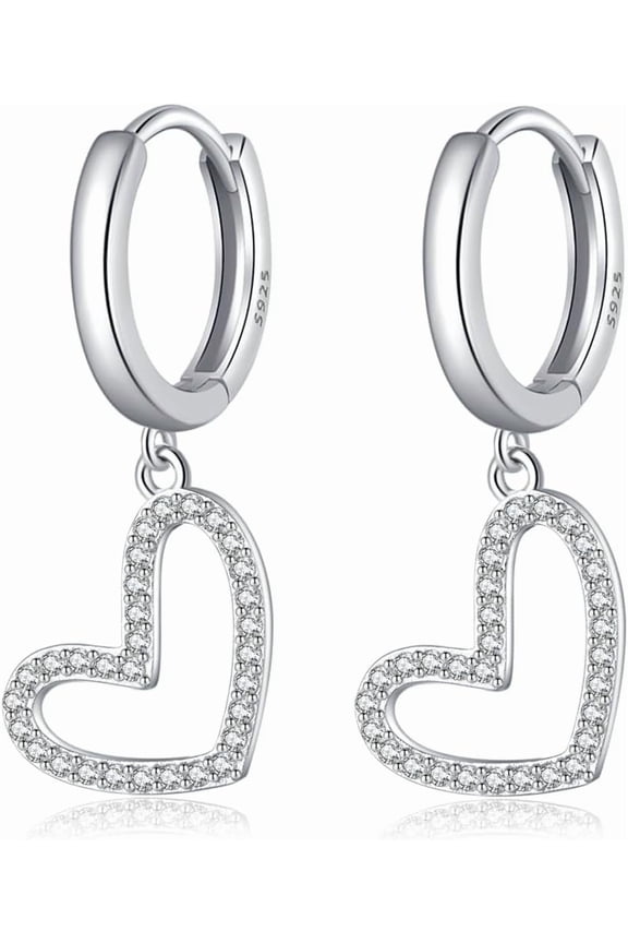 Solid 925 Sterling Silver Love Heart Hoop Earrings Drops for Women Teens CZ Heart Hoop Earrings Huggie