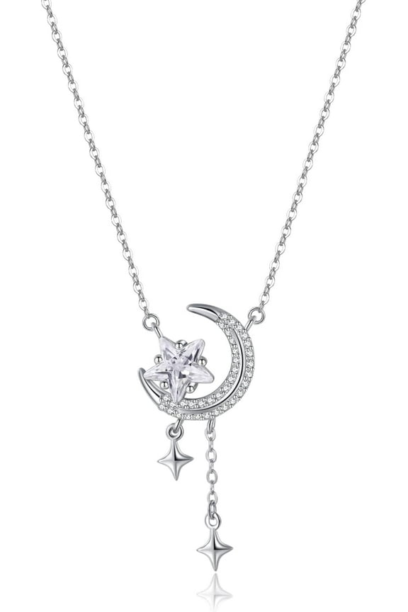 Solid 925 Sterling Silver Moon Star Necklace for Women CZ Moon Choker Necklace Dainty Star Pendant Necklace