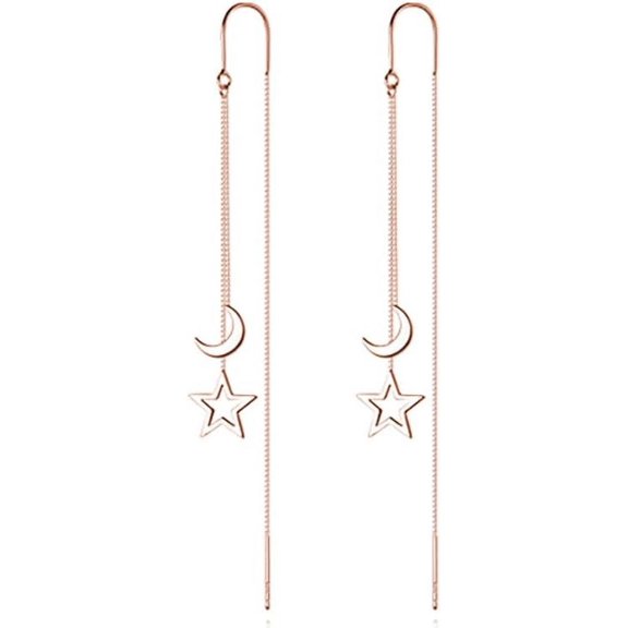 Solid 925 Sterling Silver Moon Star Threader Dangle Earrings Chain for Women Teens Long Dangle Earrings Tassel Chain