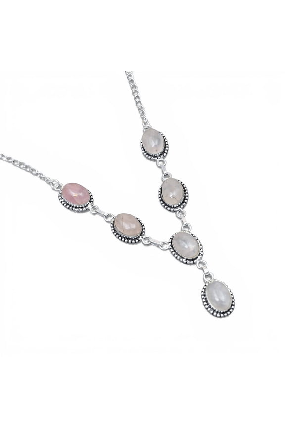 Solid 925 Sterling Silver Moonstone Oval Necklace | Natural White Moonstone Gemstone Link Necklace | Adjustable Women Jewelry