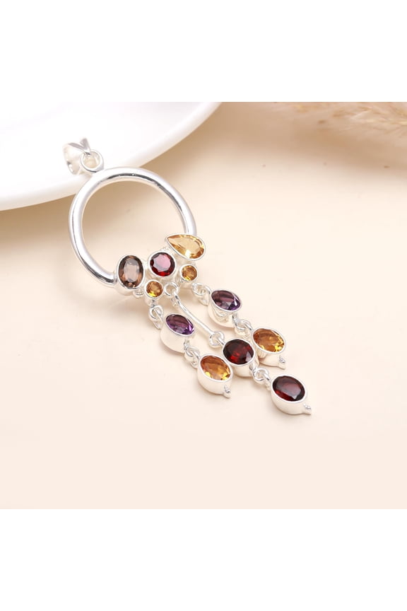 Unique Designer Multicolor Amethyst, Garnet, Smokey Quartz, Citrine Pendant, 925 Sterling Silver