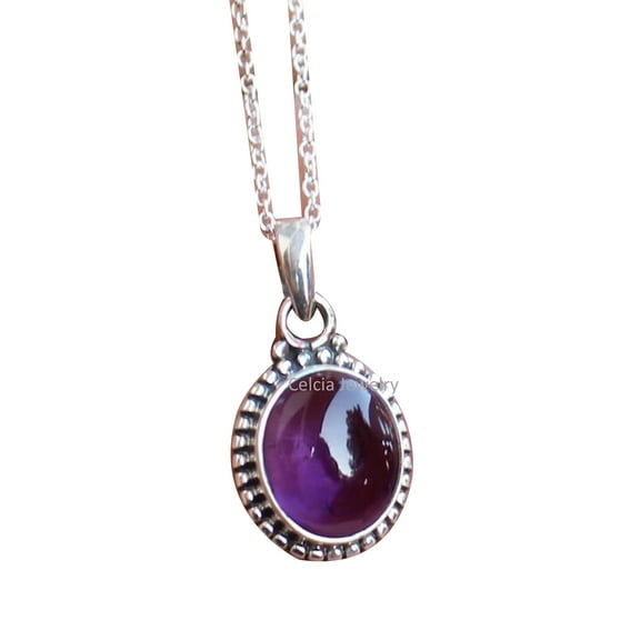 Solid 925 Sterling Silver Necklace For Women, Genuine Amethyst Cabochon Purple Gemstone Unique Handcrafted February Birthstone Gift