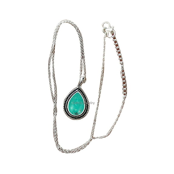 Solid 925 Sterling Silver Necklace For Women, Genuine Blue Turquoise Pear Gemstone Unique Handcrafted December Birthstone Gift For Her