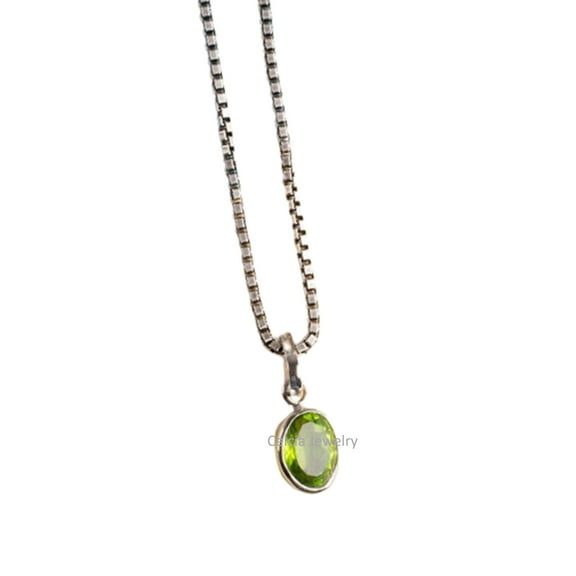 Solid 925 Sterling Silver Necklace For Women, Genuine Green Peridot Faceted Round Gemstone Unique Handcrafted August Birthstone Gift