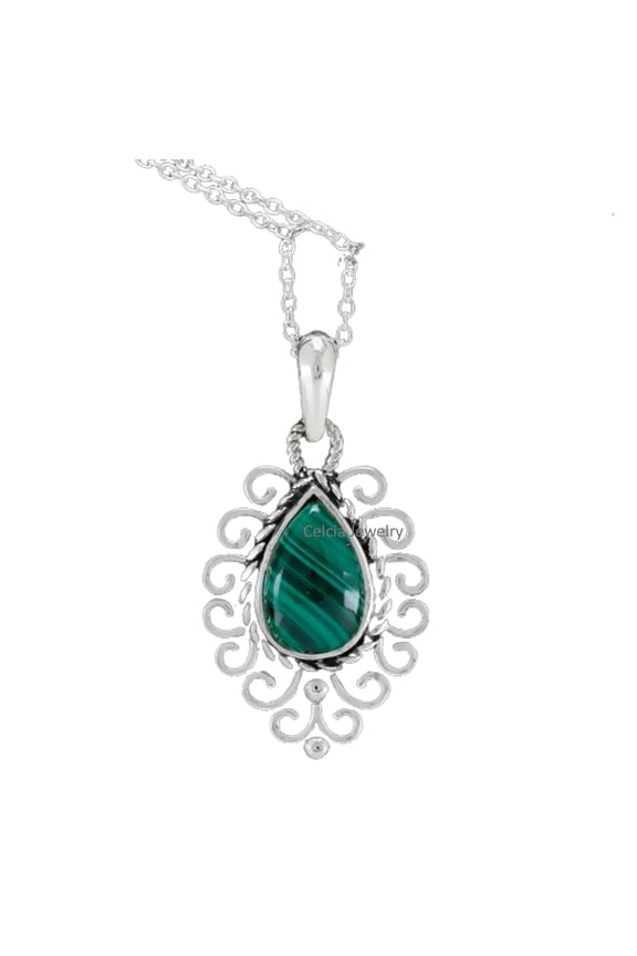Solid 925 Sterling Silver Necklace For Women, Genuine Malachite Cabochon Green Pear Gemstone Unique Handcrafted Necklace For Her