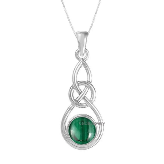 Solid 925 Sterling Silver Necklace For Women, Genuine Malachite Cabochon Green Round Gemstone Unique Handcrafted Necklace For Her