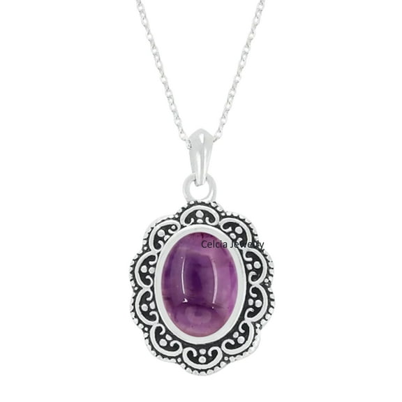 Solid 925 Sterling Silver Necklace For Women, Genuine Oval Amethyst Purple Gemstone Unique Handcrafted February Birthstone Necklace