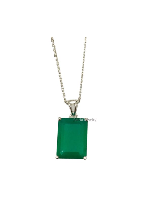 Solid 925 Sterling Silver Necklace For Women, Genuine Prong Green Onyx Faceted Rectangle Gemstone Unique Handcrafted Necklace For Her