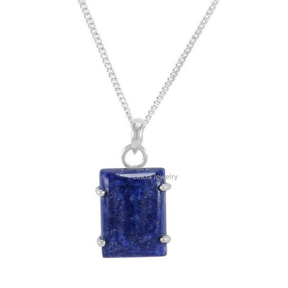 Solid 925 Sterling Silver Necklace For Women, Genuine Prong Lapis Lazuli Rectangle Gemstone Unique Handcrafted Necklace For Her