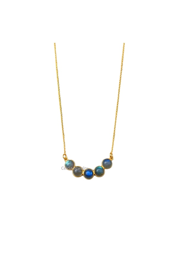 Solid 925 Sterling Silver Necklace For Women, Genuine Round Labradorite Multi Gemstone Unique Handcrafted Yellow Gold Vermeil Necklace