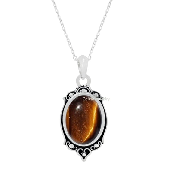 Solid 925 Sterling Silver Necklace For Women, Genuine Tiger Eye Cabochon Oval Gemstone Unique Handcrafted Necklace Gift For Her