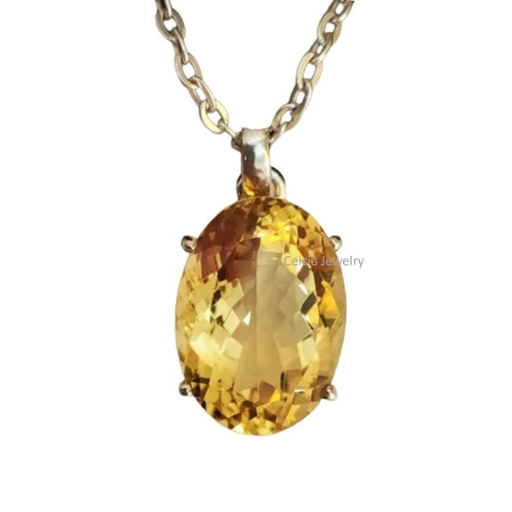 Solid 925 Sterling Silver Necklace For Women, Genuine Yellow Citrine Oval Gemstone Unique Handcrafted November Birthstone Gifts For Her