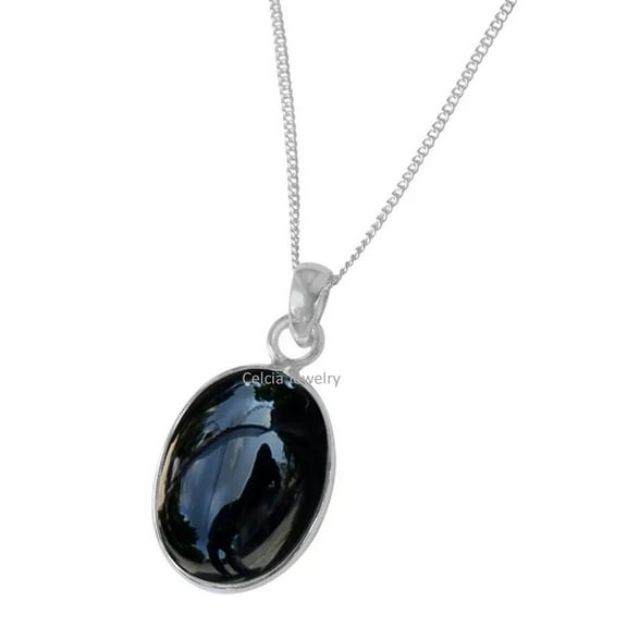 Solid 925 Sterling Silver Necklace For Women, Natural Black Onyx Cabochon Oval Gemstone Unique Handmade Jewelry For Her