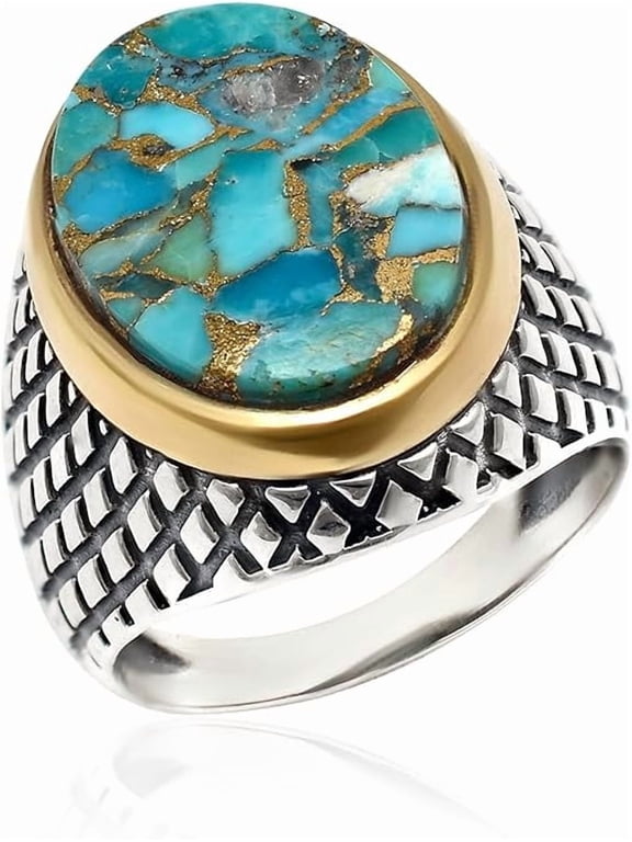 Solid 925 Sterling Silver Oval Shape Blue Copper Turquoise Gemstone Men Signet Ring, Beautiful Handmade Christmas Gift for Fathers, Son, Boyfriend, Friend Size 10