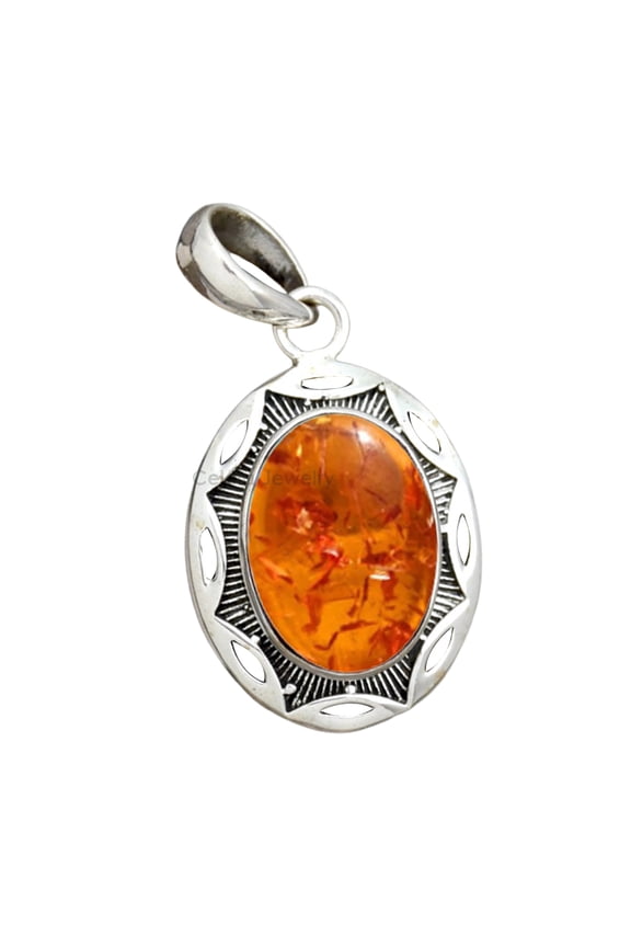 Solid 925 Sterling Silver Pendant For Men Women, Amber Oval Gemstone Handcrafted Pendant For Mother's Day Gift