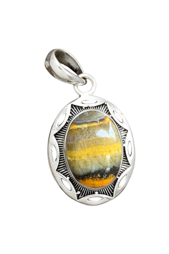 Solid 925 Sterling Silver Pendant For Men Women, Bumble Bee Jasper Oval Gemstone Handcrafted Pendant For Mother's Day Gift