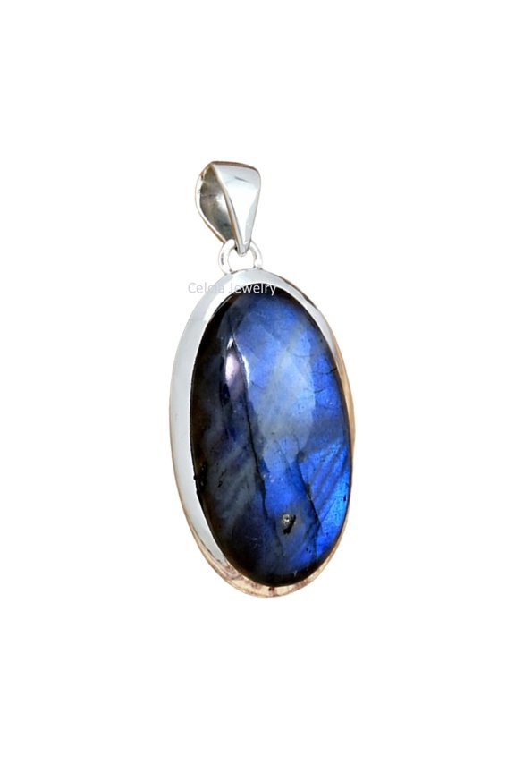 Solid 925 Sterling Silver Pendant For Men Women, Genuine Labradorite Oval Blue Fire Gemstone Amazing Handcrafted Pendant For Her Him