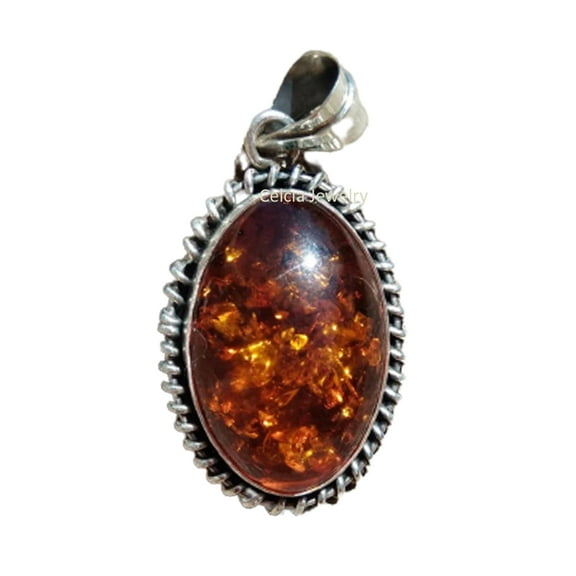 Solid 925 Sterling Silver Pendant For Men Women, Natural Baltic Amber Oval Gemstone Amazing Handcrafted Pendant For Her Him