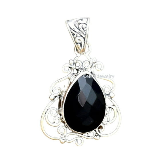 Solid 925 Sterling Silver Pendant For Men Women, Natural Black Onyx Checker Pear Gemstone Amazing Handcrafted Jewelry For Her Him