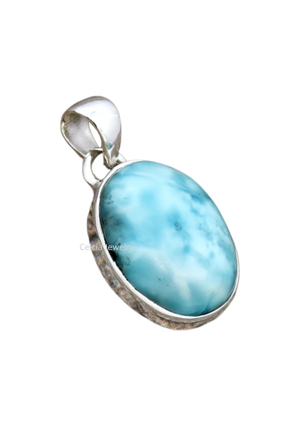 Solid 925 Sterling Silver Pendant For Men Women, Natural Blue Larimar Cabochon Oval Gemstone Amazing Handcrafted Jewelry For Her Him