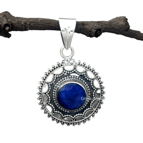 Solid 925 Sterling Silver Pendant For Men Women, Natural Blue Sapphire Faceted Round Gemstone Unique Handcrafted September Birthstone Gifts
