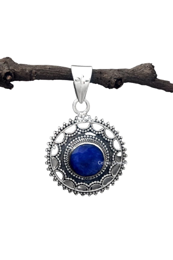 Solid 925 Sterling Silver Pendant For Men Women, Natural Blue Sapphire Faceted Round Gemstone Unique Handcrafted September Birthstone Gifts