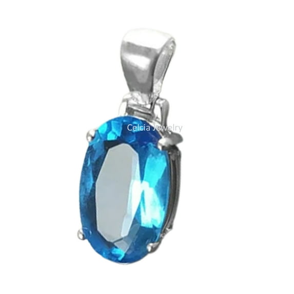 Solid 925 Sterling Silver Pendant For Men Women, Natural Blue Topaz Faceted Oval Gemstone Amazing Handcrafted November Birthstone Pendant