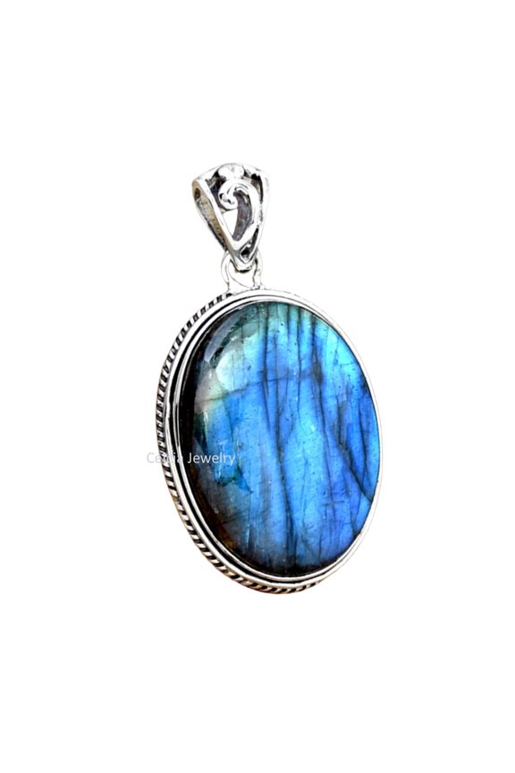 Solid 925 Sterling Silver Pendant For Men Women, Natural Labradorite Cabochon Oval Blue Fire Gemstone Unique Handcrafted Jewelry For Her Him