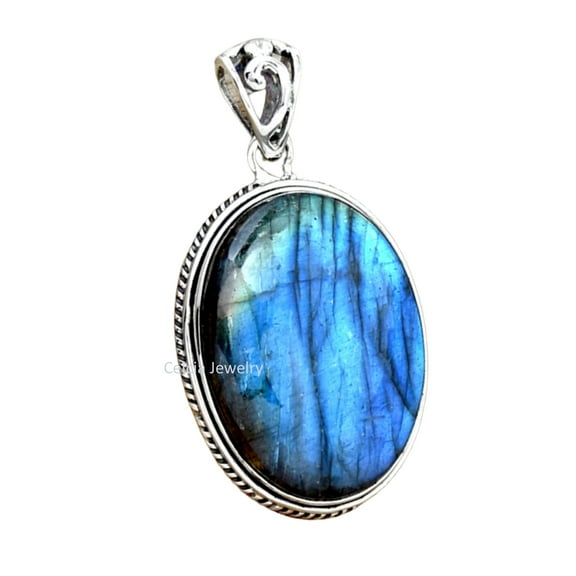 Solid 925 Sterling Silver Pendant For Men Women, Natural Labradorite Cabochon Oval Blue Fire Gemstone Unique Handcrafted Jewelry For Her Him