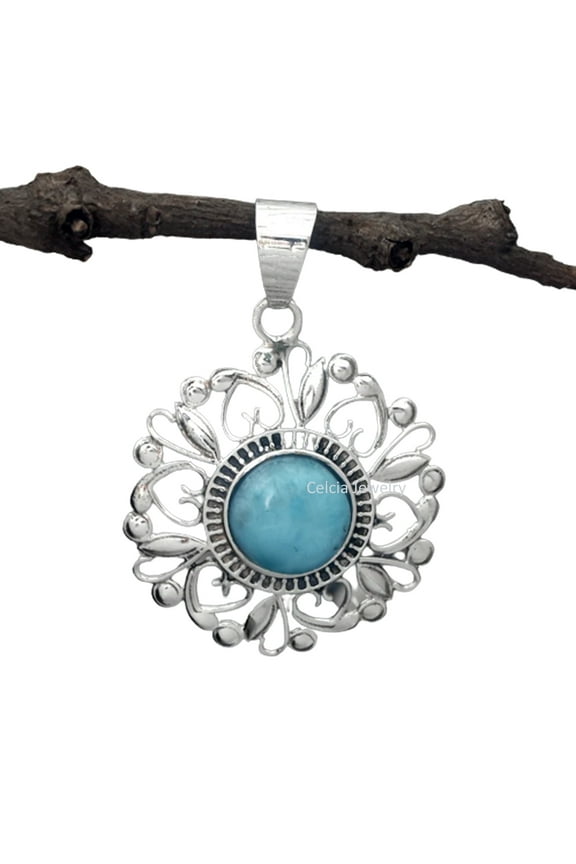 Solid 925 Sterling Silver Pendant For Men Women, Natural Larimar Cabochon Round Blue Gemstone Unique Handcrafted Jewelry For Her Him