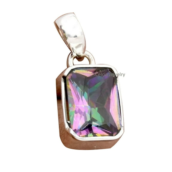 Solid 925 Sterling Silver Pendant For Men Women, Natural Mystic Topaz Faceted Gemstone Unique Handcrafted Jewelry For Her Him