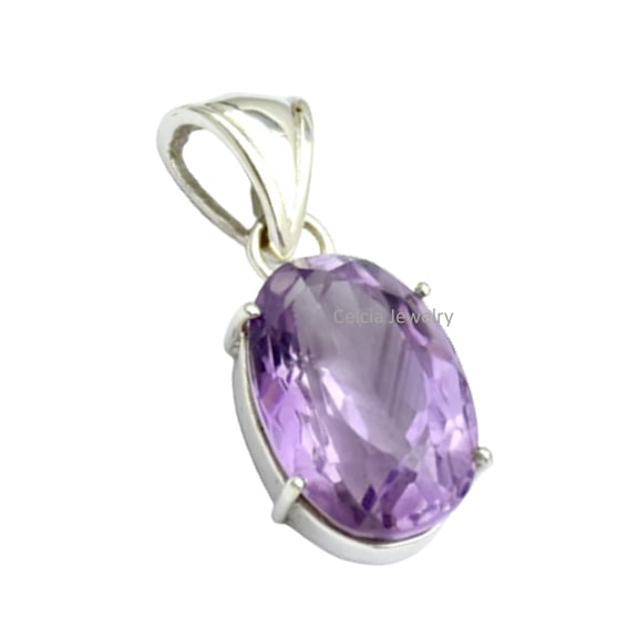 Solid 925 Sterling Silver Pendant For Men Women, Natural Purple Amethyst Faceted Oval Gemstone Unique Handcrafted February Birthstone Gifts