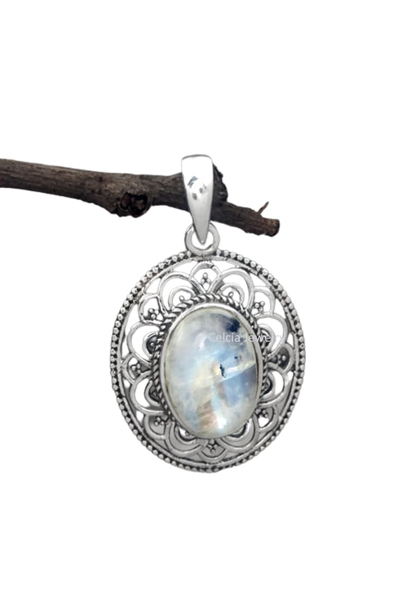 Solid 925 Sterling Silver Pendant For Men Women, Natural Rainbow Moonstone Cabochon Oval Gemstone Amazing Handcrafted June Birthstone Gifts